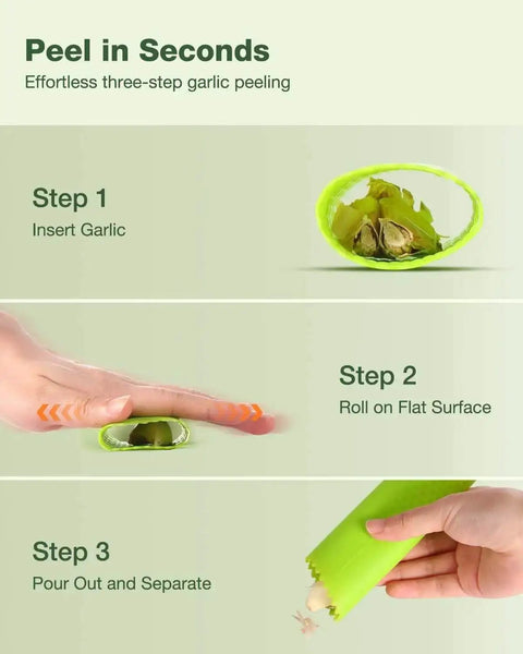 Three-step garlic peeling guide with insert garlic, roll on flat surface, and pour out using silicone peeler from Garlic Press Rocker Stainless Steel Crusher Mincer And Chopper With Peeler And Scraper For Effortless Garlic Crushing Using A Smooth Rocking Motion And A Comfy Grip For Fast Easy Prep.