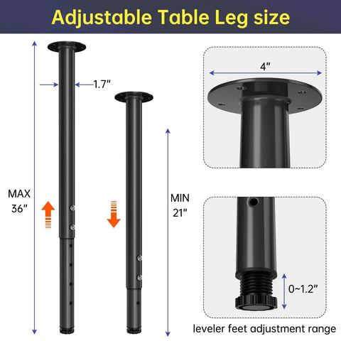 Diagram of adjustable metal desk legs 21 to 36 inches showing dimensions for home office DIY furniture, height-adjustable steel support.