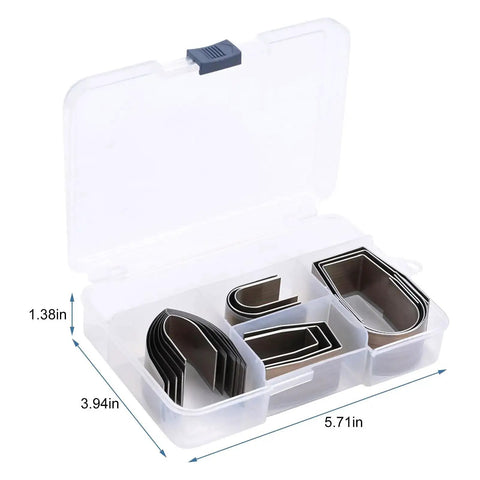 Open box of 18Pcs Universal DIY Embossing Punch Set Kit In Alloy Steel For Leather Crafting with 3 shapes, dimensions visible