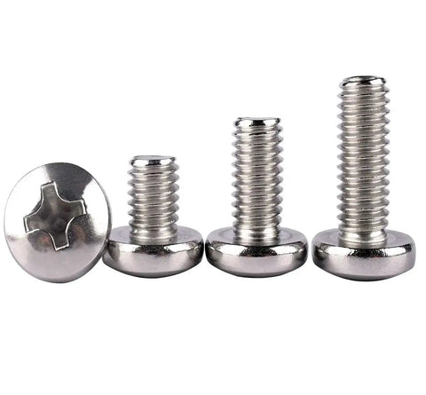 Close-up of four 20 Pack 1/4-20 x 1/2 Pan Head Phillips Machine Screws 304 Stainless Steel 18-8 Full Thread Corrosion-Resistant Fasteners