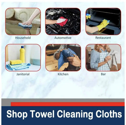 Collage of cleaning applications showing industrial grade cotton shop towels for various uses including automotive and kitchen.