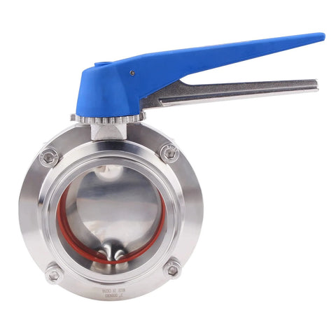 DERNORD butterfly valve with blue trigger handle, 3-inch tri-clamp, stainless steel 304 body