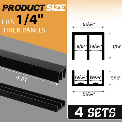 Four Sets Of Four Foot Long Plastic Sliding Door Track Hardware For One Quarter Inch Thick Panels Ideal For Cabinet Doors Glass Windows And Sliding Closets Easy Quick Installation Black shown in size diagram