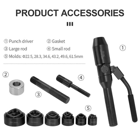 Portable Manual Hydraulic Hole Punch Kit With Six Dies 360 Degree Rotating Conduit Cutter Set, shown with punch driver and molds
