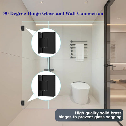 Heavy Duty 90 Degree Glass Shower Door Hinges In Solid Brass Black Finish Replacement Hardware installed in bathroom