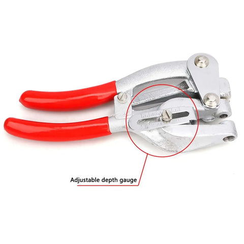 Close-up of Pro Grade Heavy Duty Metal Hole Punch Kit with adjustable depth gauge, red cushioned grips, chrome vanadium steel construction.