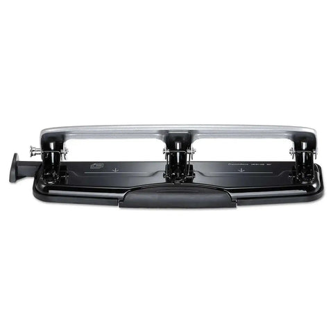 EZ Squeeze 12 Sheet Three Hole Punch With No Jam Tech, silver and black, all-metal design with built-in ruler and paper guide, front view