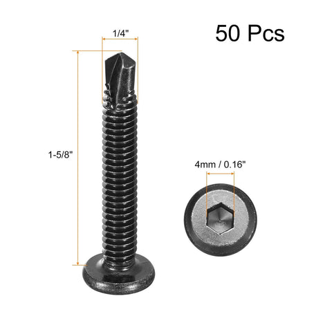 Self Drilling Hex Socket Screws 1/4 x 1-5/8 Inches, 410 Stainless Steel Flat Head Black Drilling Screws Built Tough For Metal And Wood, Corrosion Resistant Fasteners, 50-Pack