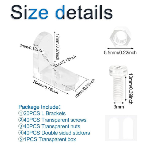 Clear Acrylic L Shaped Corner Brackets 20 Pack For Diy Shelf Setup And Furniture Corner Joint 90 Degree Right Angle Braces size details