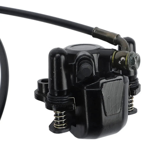 Black hydraulic disc brake caliper kit with hose and mounting springs for dirt bikes/ATVs.