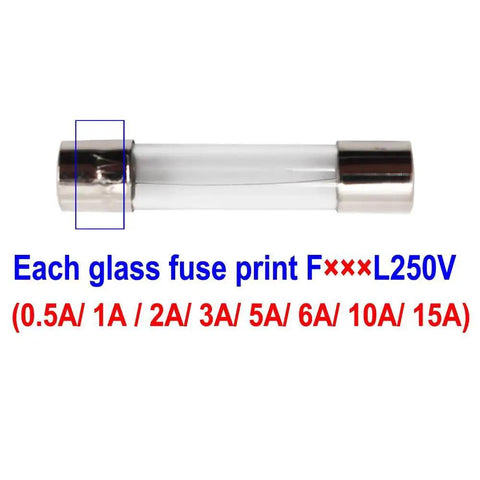 Close-up of a 6x30mm fast blow glass fuse with metal caps and amperage ratings for Inline AGC Fuse Holder Kit With 5 Pieces 6x30mm