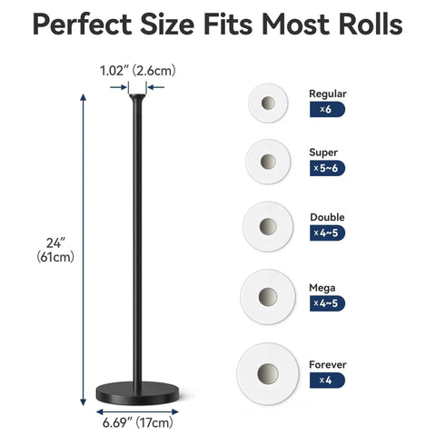 Dimensions of Free Standing Toilet Paper Holder With Reserve Function And Stainless Steel Spare Roll Storage, showing fit for various roll sizes.