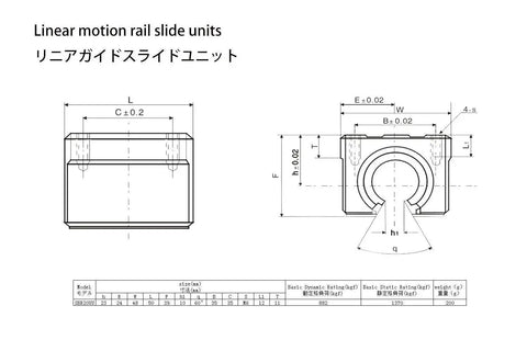 Technical diagram of SBR20 350mm Linear Guide Rail With Two SBR20UU Preloaded Blocks for CNC Rigs and 3D Printers