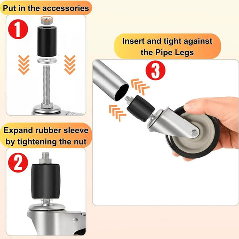 3 Inch Expanding Stem Prep Table Casters Set of 4 Threaded Swivel Heavy Duty Castors installation steps for kitchen cart tubing.