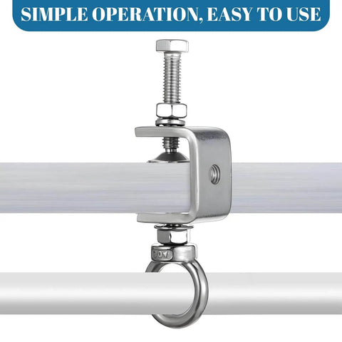 Close-up of Six Pack 1 Inch C Clamps With I Beam Design U Clamps Stainless Steel M8 Screw Ring mounted on metal bar.