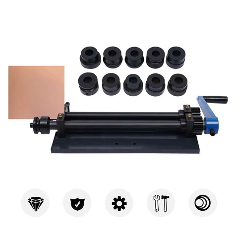 Gear Driven Sheet Metal Bead Roller Machine With 12 Inch Capacity, bench mounted, 6 dies set, manual wire press, grey color, front view