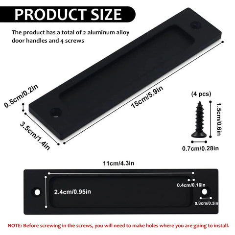 Rectangular Recessed Door Pull Handle Set With Flat Back For Sliding Doors, Cabinets, And Closets, In Black, 2 Pack, Durable Aluminum Alloy Flush Pull, No Fuss Screw Mount, Modern Hidden Grip, shown with dimensions and screws.