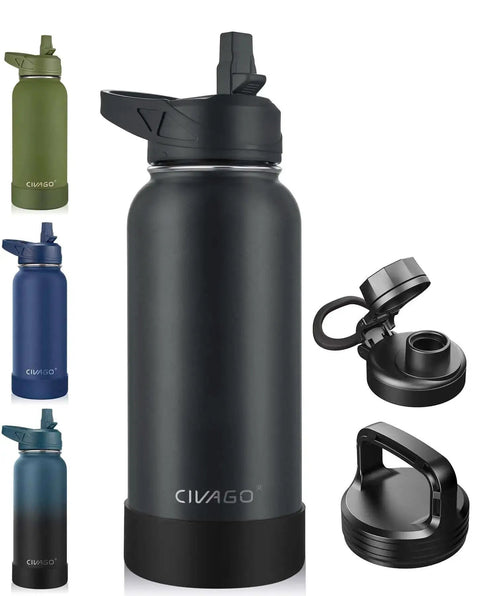 32 Oz Insulated Water Bottle With Straw Spout And Handle Lid Stainless Steel Sports Flask, black, shown with 3 lid options