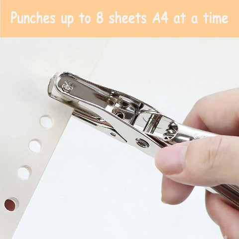 Handheld 6mm Circle Hole Punch Single Hole Puncher Metal Craft Punch Tool With Handy Non Slip Grip in use on paper