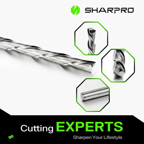 Professional Grade Quarter Inch Spiral Downcut Router Bit With Quarter Inch Shank For Wood Inlay And Grooving, Solid Carbide End Mills For CNC Routers, Go-To Two Inch Cutting Length, Four Inch Overall Length close-up view.