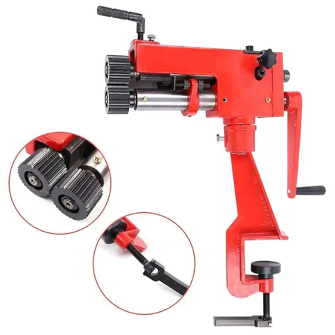 7 Inch Sheet Metal Bead Roller Kit With 6 Dies, red rotary tool, side view, showing dies and cast-iron frame, 0.8mm capacity, 177mm throat.