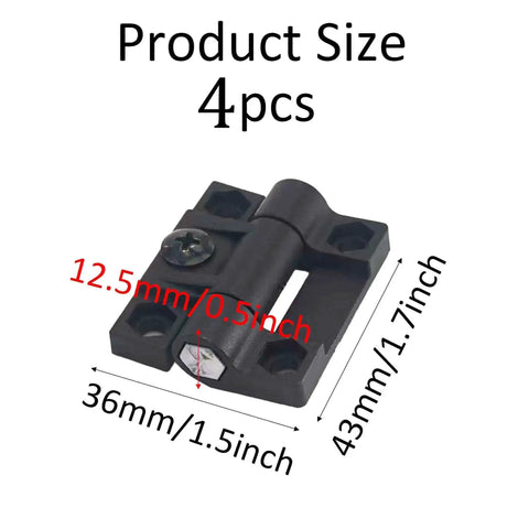 4 Pack Adjustable Torque Hinge Set With Plastic Position Control, 43x36x12.5mm, black finish, shown with size dimensions