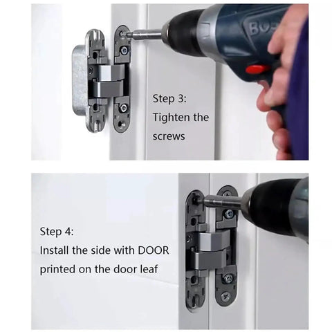 Three Dimensional Invisible Door Hinges For Wooden Doors And Aluminum Frame Doors Hidden Folding Doors 180 Degree Inside And Outside Open Black Finish Zinc Alloy Die Cast And 304 Stainless Steel Construction being installed with a drill.