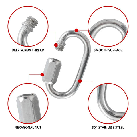 Close-up of 304 Stainless Steel D Shaped Locking Quick Link Carabiner with labels showing screw thread, surface, nut, and steel material.