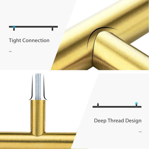Close-up of brushed gold cabinet handles showing tight connection and deep thread design, part of 10 inch set of 5 stainless steel drawer pulls.