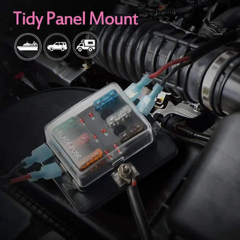 6 Way DC 12 To 32V Blade Fuse Box Holder With LED Warning Light And Protective Cover installed in vehicle engine