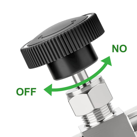 Three-way needle valve with black knurled knob, 304 stainless steel body, 1/8 in NPT female