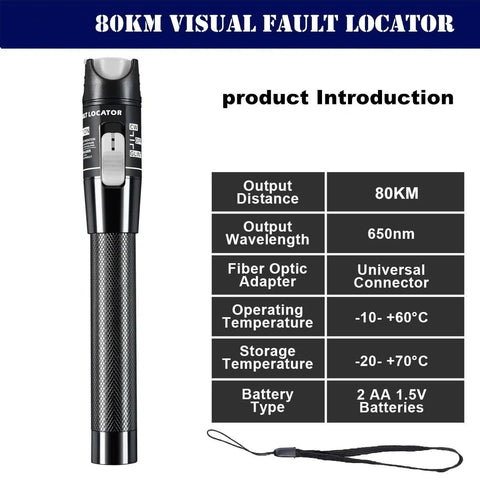 Front view of visual fault locator pen-style fiber tester with black grip, 650nm red light, 80KM range, universal connector.