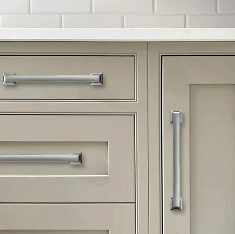 20 Pack Brushed Nickel Cabinet Pulls With 3 Inch Hole Centers installed on kitchen drawers, satin finish
