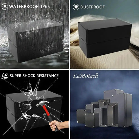 IP65 Waterproof ABS Plastic Junction Box, black, weatherproof and dustproof enclosure, shown in various tests and sizes for electronics projects.