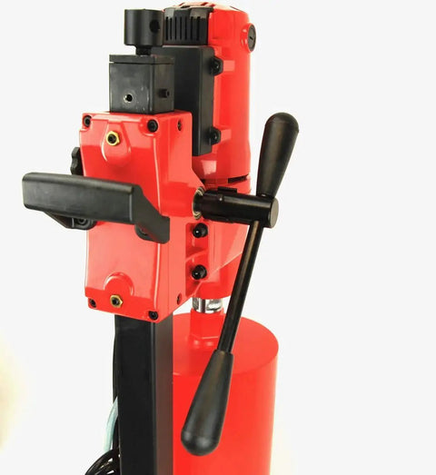 Pro Grade Heavy Duty Concrete Core Drill Package With 8 Inch Wet Coring Bits 1 To 8 110V 2400W High Output Core Drill With Stand 8 Inch Max Hole Red Finish By Bluerock Tools close-up view