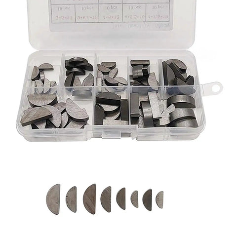 Pro Grade Engine Key And Half Moon Wedge Set In Storage Box Carbon Steel Spring Wedges displayed in transparent box