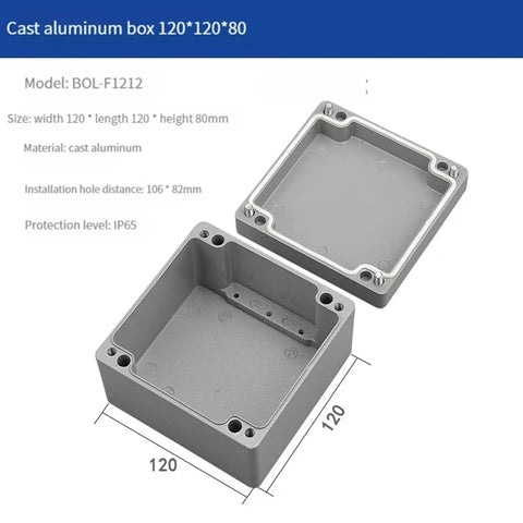 Open view of Rugged IP66 Waterproof Cast Aluminum Junction Box For Outdoor Electronics Projects, showing dimensions 120x120x80 mm.