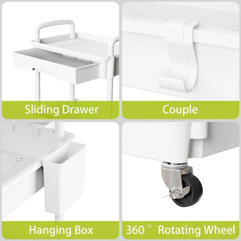Four Tier Rolling Cart Organizer With Wheels For Kitchen Bathroom Laundry Room And Office Use showcasing sliding drawer, hanging box, and rotating wheel