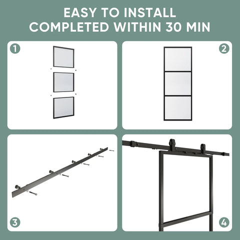 Clear Tempered Glass Barn Door 36 Inch By 84 Inch With Carbon Steel Frame Pre Drilled Panel Sliding Door Kit layout