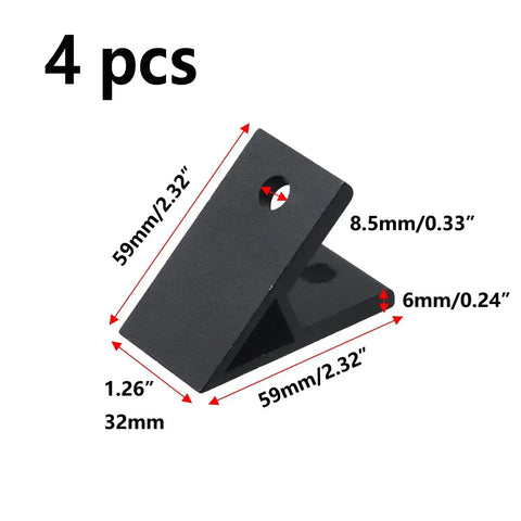 4 Pack 45 Degree Aluminum Corner Brackets For 4040 Profiles Black Aluminum Extrusion Accessories. Dimensions: 59x59x32 mm, 6 mm thick.
