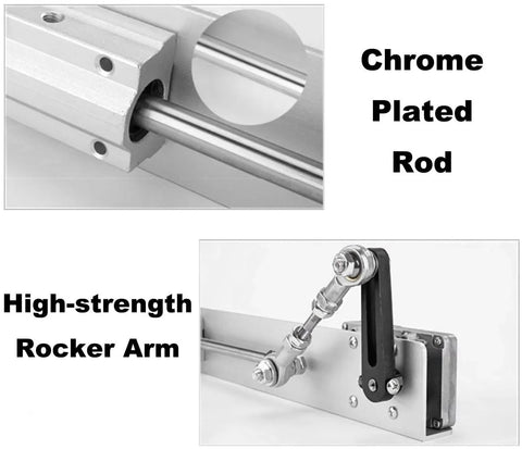 Close-up of DC 24V Reciprocating Linear Actuator showing a chrome plated rod and high-strength rocker arm with remote connector.