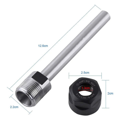 Collet Chuck Holder with Straight Shank for CNC Milling, showing dimensions, heavy-duty metal construction, black clamping nut.