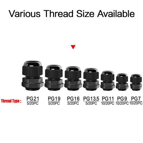 PG16 Cable Glands Set, 20 Pack, Waterproof Adjustable Range 8.5 to 14mm, Nylon Joints With Gaskets, multiple thread sizes displayed