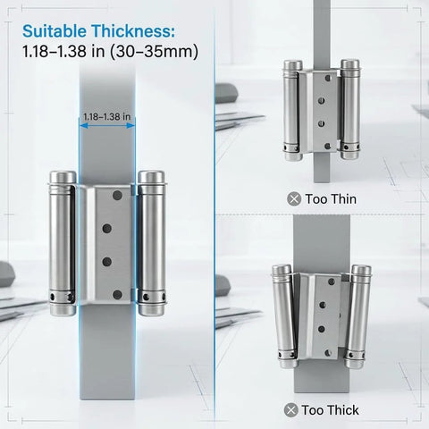 QWORK heavy duty cafe door swing hinges, 4-pack, 3-inch stainless steel, double-action self-closing, installed on door