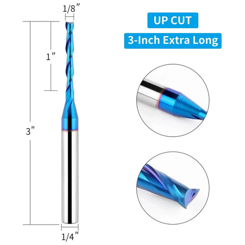 Upcut Spiral Router Bit With One Quarter Inch Shank And One Eighth Inch Cutting Diameter For Wood Cutting And Carving, Extra Long Three Inch Overall Length, Solid Carbide With Nano Blue Coating For CNC Router Bits Eanosic displayed with measurements.