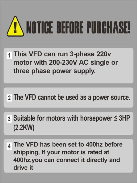 Notice before purchase for Beefy VFD Variable Frequency Drive 1 Phase Or 3 Phase Input 3 Phase 0-400Hz Output 2.2kW 3HP 220V Motor Speed Controller