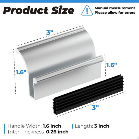 Chrome Glass Sliding Shower Door Pull Handle for 3/16 and 1/4 Inch Thick Glass, showing size dimensions: 3 inches length, 1.6 inches width