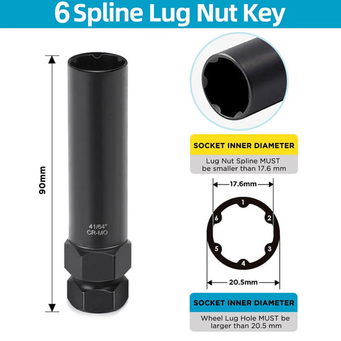 6 spline lug nut key for Two Piece 6 And 7 Spline Lug Nut Socket Set With Wheel Lock Key For No Fuss Quick Installation And Removal