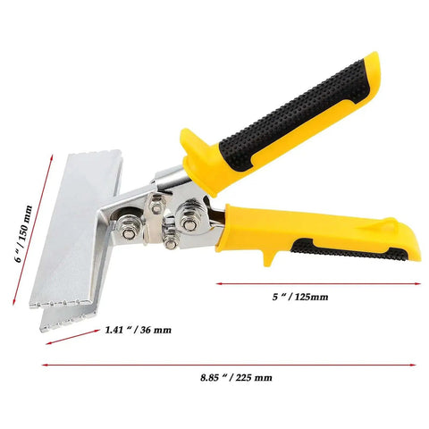 Close-up of 6 Inch Sheet Metal Hand Seamer with straight jaws, anti-slip handles, and precision notches for bending metal sheets.