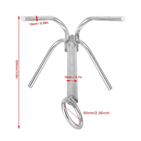 Front view of Four Claw 316 Stainless Steel Anchor Grappling Hook For Marine Boats And Yachts with measurements
